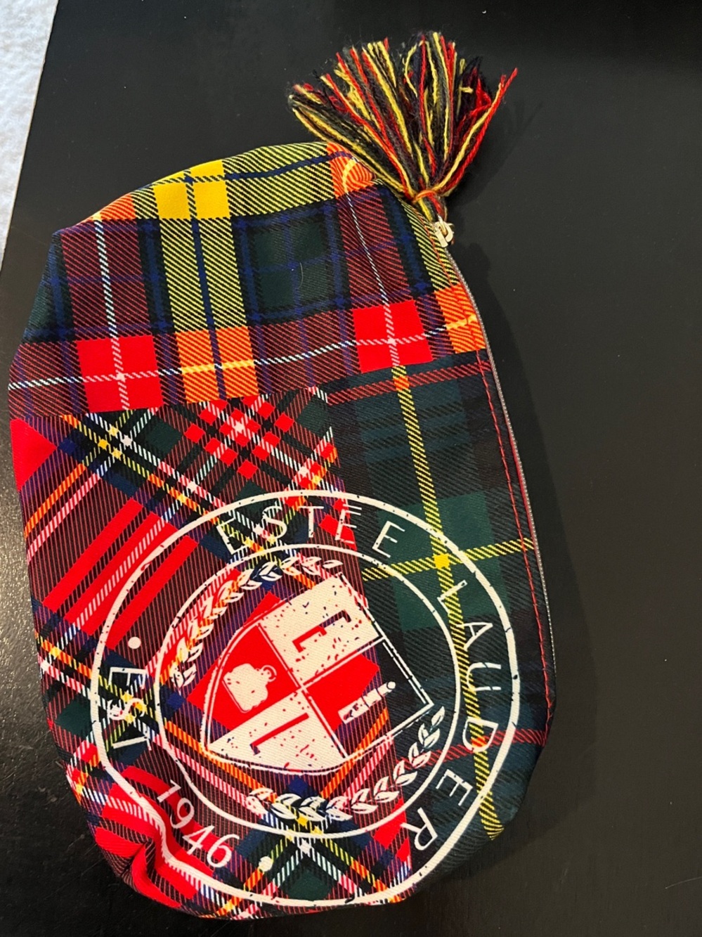 Estée Lauder 1946 Plaid Gold Zip Pouch with Pom Tassel
